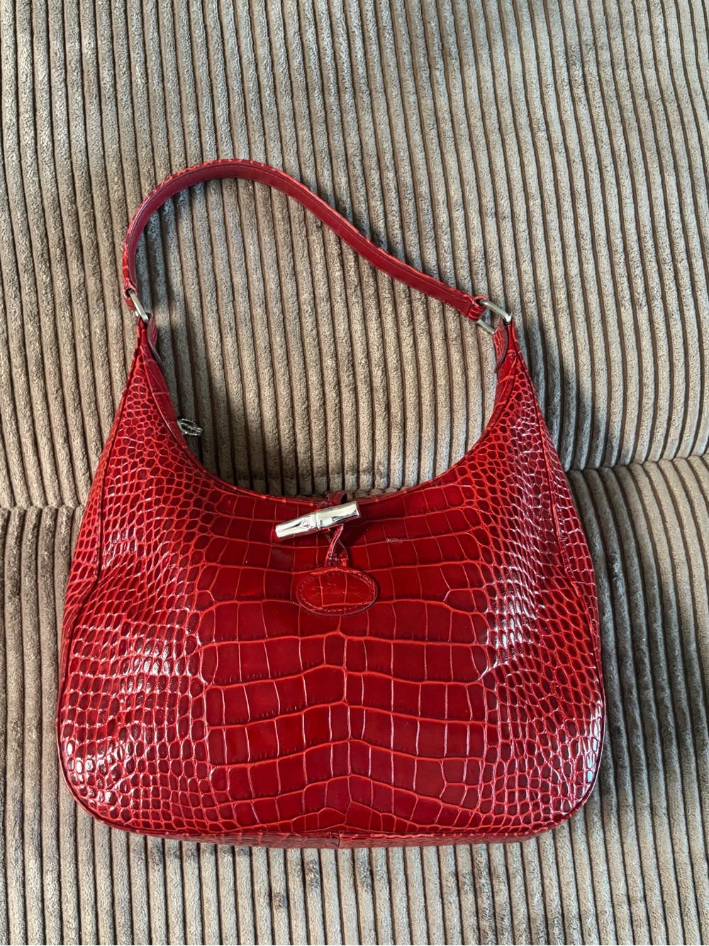 Longchamp- Red Croc-Embossed Leather Shoulder Bag
